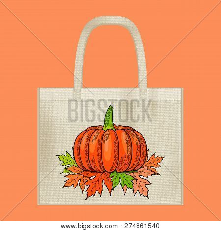 Canvas Cotton Textiles Eco Bag. Harvest, Pumpkin, Leaves. Natural Color. Stop Plastic Pollution. Gru