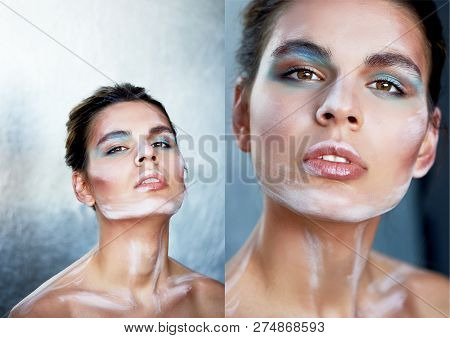 Beautiful Model. Stands In Profile, Makeup With Paint Strokes On The Face. Creative Person. Collarbo