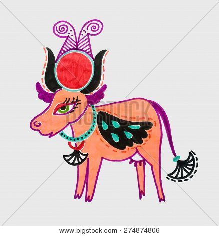 Marker Drawing Of Egyptian Goddess Hathor - Cow With Wings And S