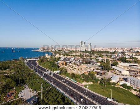 Aerial Drone View Of Istanbul Seaside Yenikapi Florya Bakirkoy In Turkey. Cityscape.