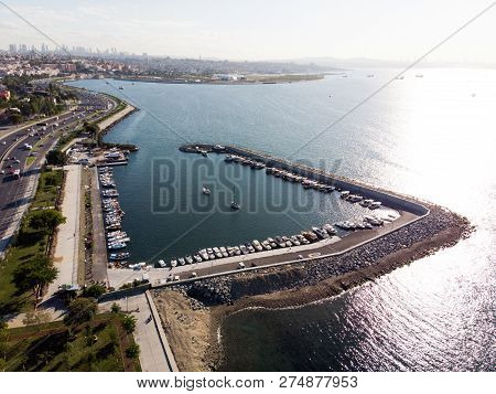 Aerial Drone View Of Marina Pier In Yenikapi Bakirkoy / Istanbul Seaside In Turkey With Boats.