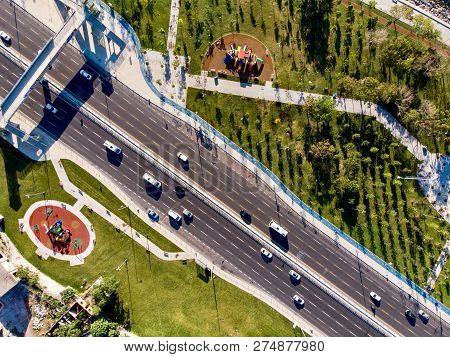 Aerial Drone View Of Istanbul Highway With Trees Yenikapi Florya Bakirkoy In Turkey. Cityscape.