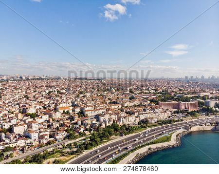Aerial Drone View Of Istanbul Seaside Yenikapi Florya Bakirkoy In Turkey. Cityscape.