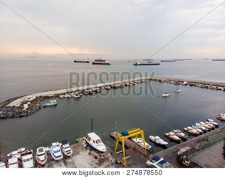 Aerial Drone View Of Marina Pier In Yenikapi Samatya / Istanbul Seaside In Turkey. Cityscape..