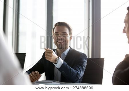 Businessman Company Owner Sitting At Desk Communicating With Sta