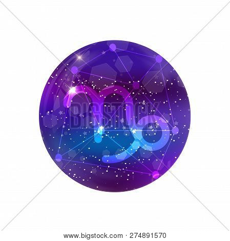 Capricorn Zodiac Sign And Constellation On A Cosmic Purple Sky With Glowing Stars And Nebula Isolate