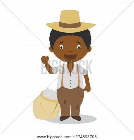 Plantation Slave Cartoon Character With A Cotton Sack. Vector Illustration. Kids History Collection.