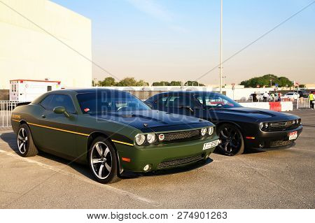 Dubai, Uae - November 15, 2018: Muscle Cars Dodge Challenger Take Part In The Annual Gulf Car Festiv