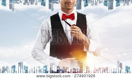 Double Exposure Of Confident And Young Businessman In Smart-casual Wear Smoking Pipe And Modern City