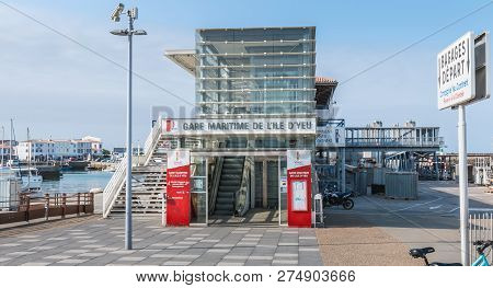 Port Joinville, France - September 18, 2018: View Of The Ferry Terminal Of The Island Of Yeu Which M