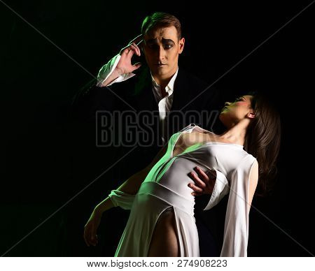Lose Control Of Your Emotions. Couple In Love With Mime Makeup. Mime Man And Woman Act In Romantic S