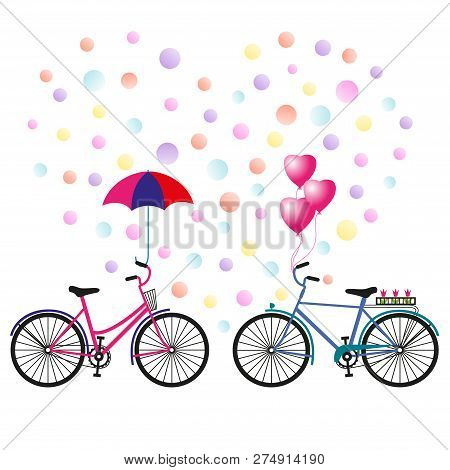 Valentine's Day. Heart Of Confetti, Two Bicycles With An Umbrella, Balloons And Flowers. Vector Illu
