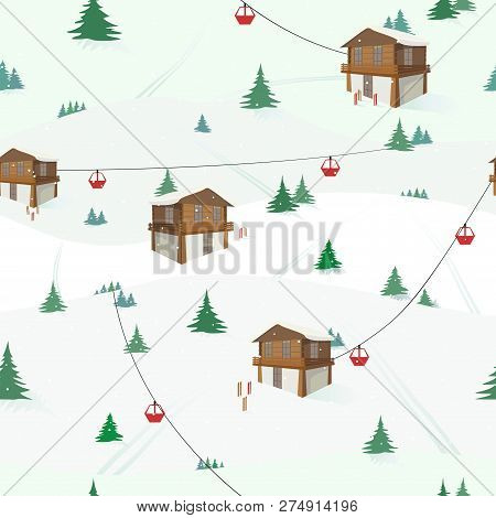 Winter Mountain Landscape With Funiculars, Ski Trails, Spruces, Houses. Seamless Color Vector Patter