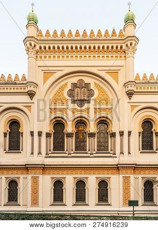 Picturesque Facade Of Spanish Synagogue In Josefov, Prague, Czech Republic