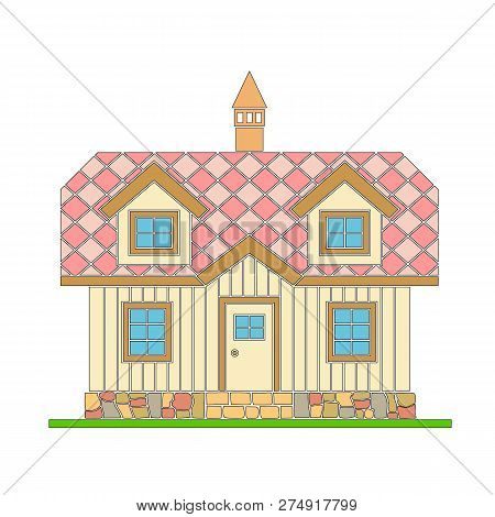 Traditional Wooden House With A Residential Attic. The Roof Is Covered With Multicolored Tiles. Vect