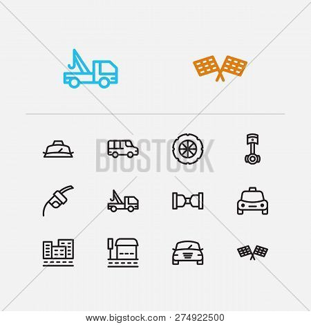 Auto Icons Set. Bus Stop And Auto Icons With Safe Travel, Auto Piston And Car Race. Set Of Part For 
