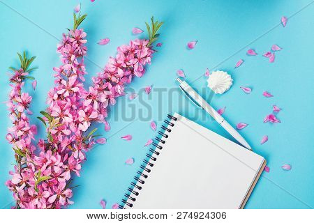 Opened Notebook And Spring Flowers. Mock Up. Spring Pink Flowers On Blue Paper Background. Empty Not