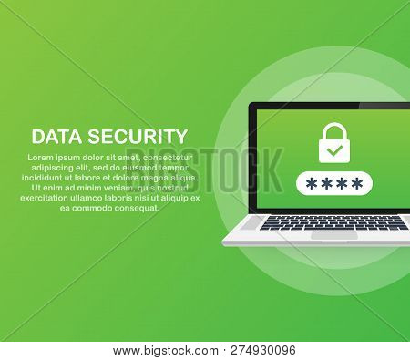Computer Security Concept. Laptop With Shield And Lock On Table. Flat Vector Stock Illustration.