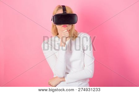 Excited Smiling Businesswoman Wearing Virtual Reality Glasses. Pretty Woman Playing Game In Virtual 