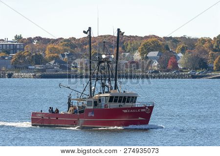 New Bedford, Massachusetts, Usa - November 4, 2018: Commercial Fishing Vessel Eagle Nearing New Bedf