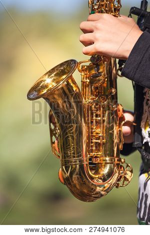 Close Up Of Saxophone, Young Player Hands Playing Soprano Sax Musical Instrument Over Green Backgrou