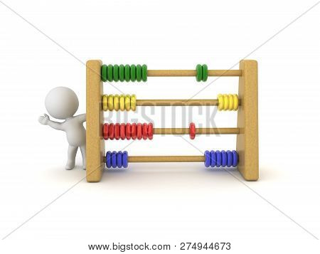 Cheerful 3d Character Next To Colorful Abacus. 3d Rendering Isolated On White.