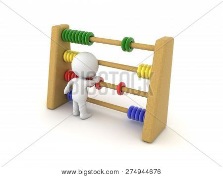 Cheerful 3d Character Next To Colorful Abacus. 3d Rendering Isolated On White.