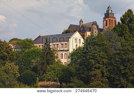 Beautiful City Park And The Tower Of The Wetzlar Cathedral At The Background. Autumn Landscape Photo