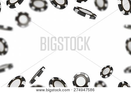Vector Poker Chips Seamless Pattern Texture Background. Black Flying Falling Casino Poker Chips Isol