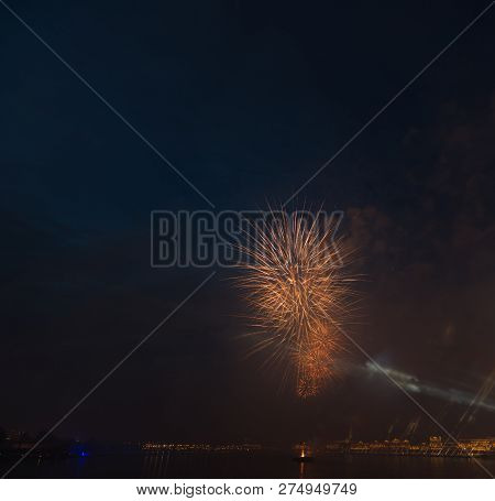 Night City Evining Firevork Above River Long Exposure Shoot Picture From Tripot