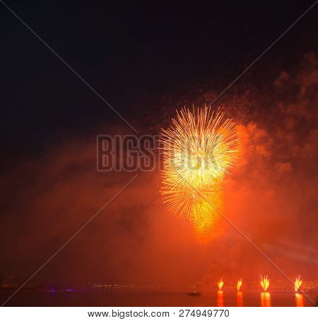 Night City Evining Red Firevork Above River Long Exposure Shoot Picture From Tripot