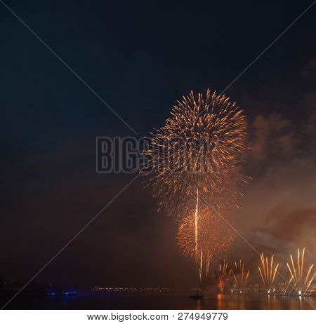 Night City Evining Firevork Above River Long Exposure Shoot Picture From Tripot