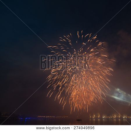 Night City Evining Firevork Above River Long Exposure Shoot Picture From Tripot