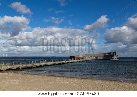 Copenhagen, Denmark - October 03, 2018: Kastrup Sea Bath, A Circular Wooden Structure With Seating A