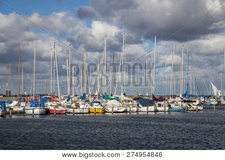 Copenhagen, Denmark - October 03, 2018: Sailboats Anchored At Kastrup Sailboat Harbour