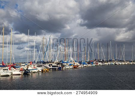 Copenhagen, Denmark - October 03, 2018: Sailboats Anchored At Kastrup Sailboat Harbour