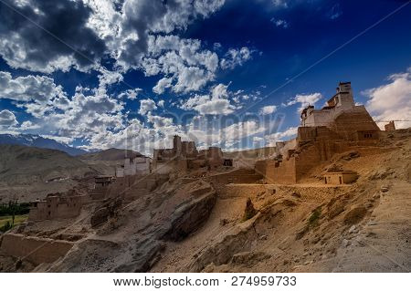 Basgo Monastery Surrounded With Stones And Rocks, Ladakh, Jammu And Kashmir, India - Blue Sky Backgr