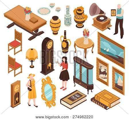 Antiquarian Isometric Set Of Vintage Furniture Striking Clocks Old Books And Items For Home Interior