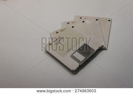 Prague, Czech Republic - August 28, 2018: Apple Macintosh Utility Disks On Display Inside Apple Muse
