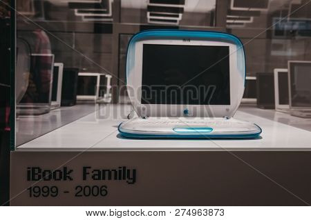 Prague, Czech Republic - August 28, 2018: Family Of Ibooks On Display Inside Apple Museum In Prague,