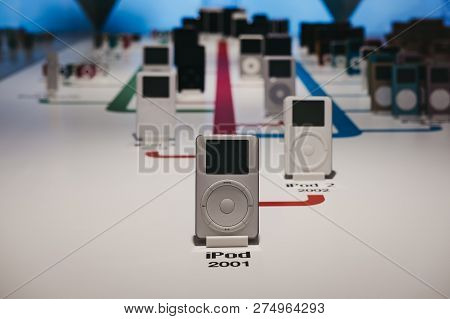 Prague, Czech Republic - August 28, 2018: Range Of Ipods Inside Apple Museum In Prague, The Largest 