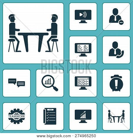Work Icons Set With Tasklist, Gear, Meeting Room And Other Cogwheel Elements. Isolated Vector Illust