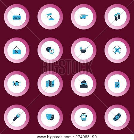 Tourism Icons Colored Set With Picture Airplane, Restaurant, Quadrupter And Other Beach Sandal Eleme