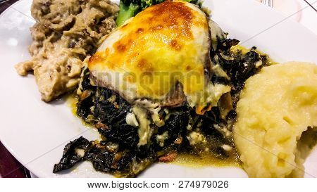 Spinach With Bechamel Sauce, Puree And Smoked Eggplant / Besamel Soslu Ispanak. Traditional Ramadan 