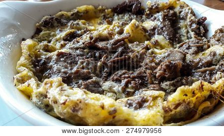 Turkish Scrambled Eggs With Kavurma / Omlet Or Omelette. Traditional Breakfast.