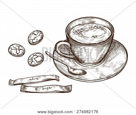 Hand Drawn Set, Cup Of Hot Drink, Oat Cookies And Packaging Sugar, Isolated On White Background