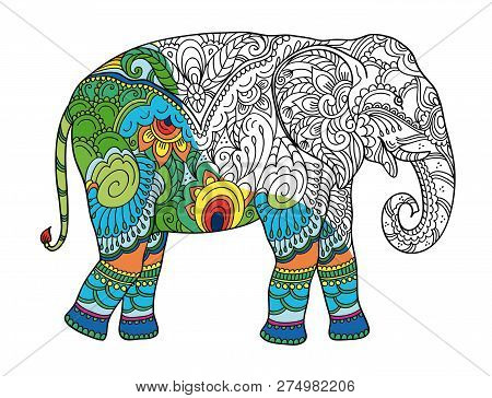 Drawing Stylized Elephant. Freehand Sketch For Adult Anti Stress Coloring Book For Adultpage With Do