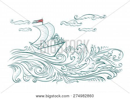 Origami Paper Boat On The Waves Of The Sea With A Sailor