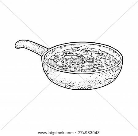 Chili Con Carne In Pan - Mexican Traditional Food. Vector Engraving