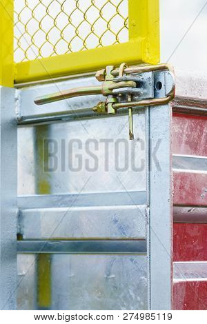 Close Up On Industrial Metal Made Handle Lock For Opening Semi Trailer